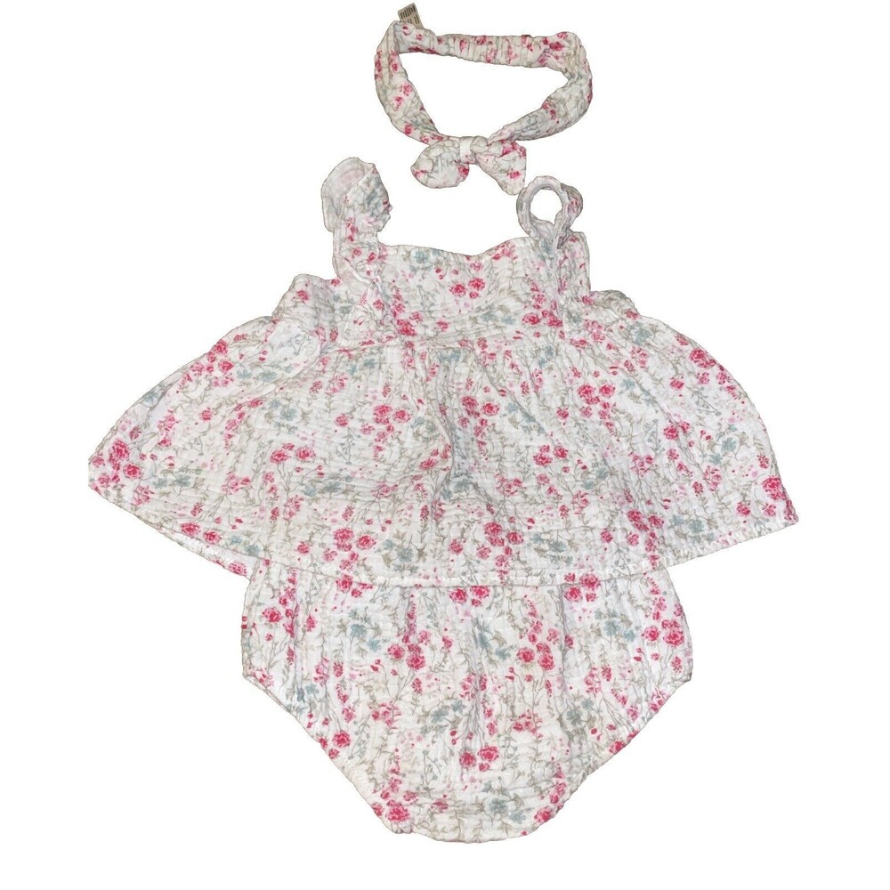 Baby On Board Girl’s Gauze Floral 3 Pc Set Top Bloomers Headband Size 18 Months